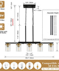 Top Notch Five Light Dining Room Fixture Featuring Clear Glass Shades, 36.2in long, adjustable height, black and gold finish.