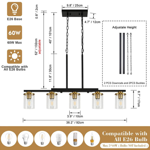 Top Notch Five Light Dining Room Fixture Featuring Clear Glass Shades, 36.2in long, adjustable height, black and gold finish.