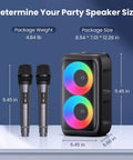 Karaoke Party Bluetooth Speaker With Dual Wireless Microphones Party Ready Floorstanding System With Lights and dimensions