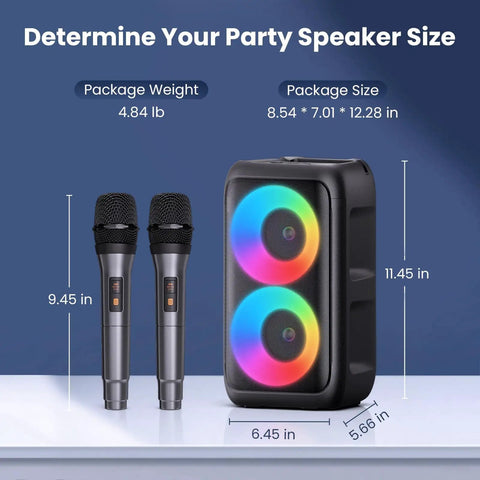 Karaoke Party Bluetooth Speaker With Dual Wireless Microphones Party Ready Floorstanding System With Lights and dimensions