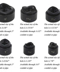 Six dies from Knockout Hole Punch Driver Kit With Six Dies 22.5-61.5mm showing sizes and pipe compatibility, black metal.