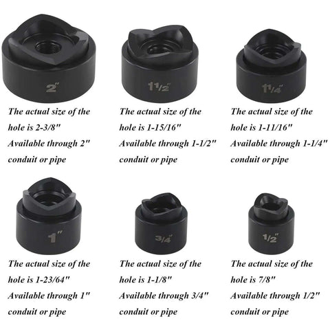 Hydraulic Knockout Hole Punch Driver Kit With 6 Dies shown with sizes 2", 1.5", 1.25", 1", 0.75", and 0.5" for metal sheets.