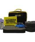 Heavy Duty Portable Spill Kit For Truckers Featuring A Real Deal 31 Piece Cleanup Set with gloves, pads, and rugs in nylon bag.