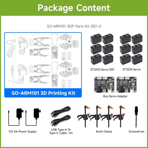 Open Source 6 Axis Robotic Arm Kit With High Torque Bus Servo And Native LeRobot Support 3D Printed Parts Kit package contents