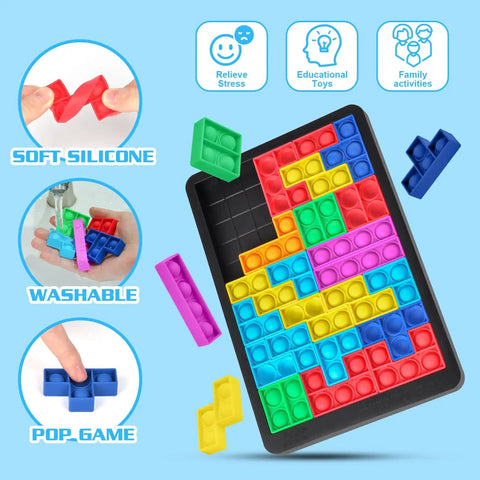 Image of Slick Silicone Pop Puzzle Fidget Toy Buttery Smooth Push Pop Brain Teaser with colorful blocks for stress relief and finger training.