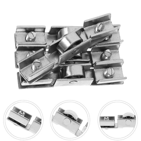Close-up of Tough As Nails Sliding Door Rollers Set Of Eight Premium Steel Pulley Wheels for closet door glide.