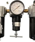 Three In One FRL Air Line Filter Regulator Lubricator Trio With Three Eighths Inch NPT Threads And Metal Bowls, Heavy Duty Shop Air Accessory