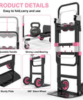Premium 3 In 1 Convertible Folding Hand Truck Dolly Cart With Heavy Duty Steel Frame And Smooth Rolling Rubber Wheels Kickass Strength Built Like A Tank Pink. Features adjustable handle, strong load-bearing design, and 360° silent wheels.