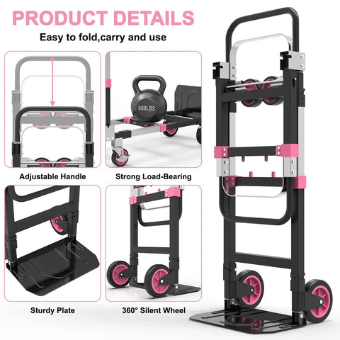 Premium 3 In 1 Convertible Folding Hand Truck Dolly Cart With Heavy Duty Steel Frame And Smooth Rolling Rubber Wheels Kickass Strength Built Like A Tank Pink. Features adjustable handle, strong load-bearing design, and 360° silent wheels.