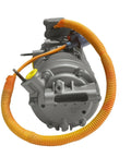 Precision Engineered Heavy Duty Auto AC Compressor Compatible With Tesla Model X 2016 Through 2020 R1234Yf Refrigerant front view with yellow cap and orange hose.