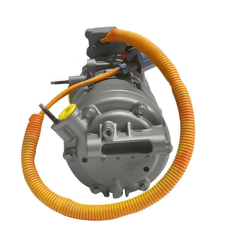 Precision Engineered Heavy Duty Auto AC Compressor Compatible With Tesla Model X 2016 Through 2020 R1234Yf Refrigerant front view with yellow cap and orange hose.