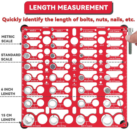 Thread gauge for bolts, red plastic with standard and metric scales; 20 standard, 16 metric, 19 drill gauges