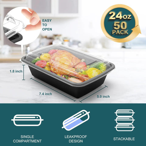 50 Pack Extra Thick Meal Prep Containers With Lids For Easy Portion Control, BPA Free Plastic Bento Boxes, size illustration