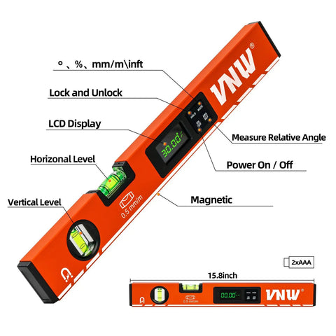 16-Inch Digital Level With LCD Display Bubble Light Up For DIYers Magnetic Torpedo Level Angle Finder 0-90 Degrees and 0-180 Degrees