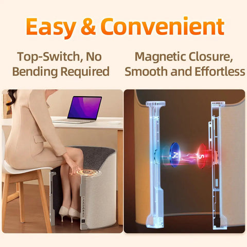 Person using Under Desk Electric Foot Warmer For Office And Home, showing top-switch and magnetic closure for ease of use.