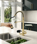 OWOFAN Pull Down Kitchen Faucet with Cup Washer Brushed Gold, showing 360° swivel and pulling hose for easy dishwashing.
