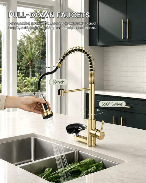 OWOFAN Pull Down Kitchen Faucet with Cup Washer Brushed Gold, showing 360° swivel and pulling hose for easy dishwashing.