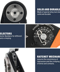 Pro Grade Deutsch Solid Contacts Crimping Tool AWG 26-12 with selector, rotating dial, and ratchet mechanism for wiring.