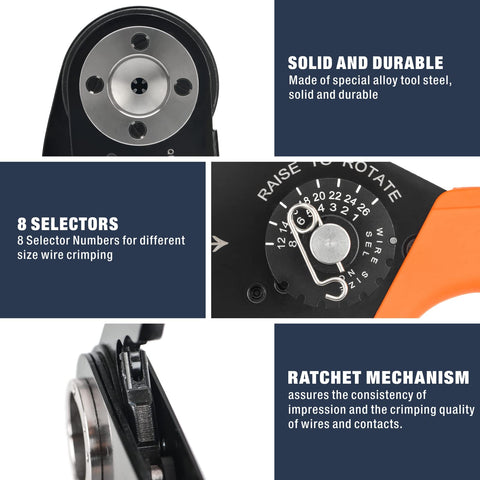 Pro Grade Deutsch Solid Contacts Crimping Tool AWG 26-12 with selector, rotating dial, and ratchet mechanism for wiring.
