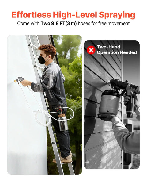 Person using Badass Paint Pressure Pot With 2 Liter Tank And Dual Spray Guns Plus Long Hoses for high-level spraying on a ladder.