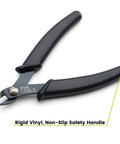 trueCABLE precision flush cutter side view; 1-pack, black non-slip vinyl handle, metal jaws for wires up to 16 AWG