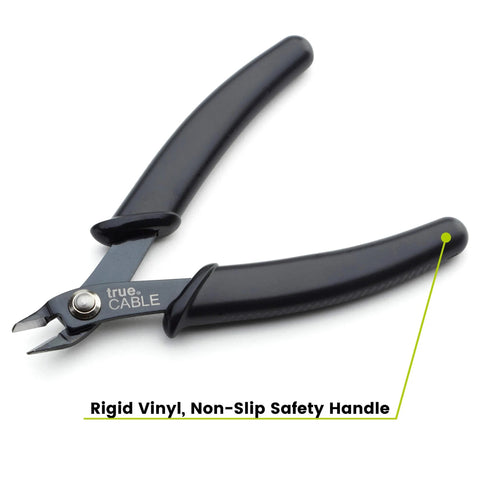 trueCABLE precision flush cutter side view; 1-pack, black non-slip vinyl handle, metal jaws for wires up to 16 AWG