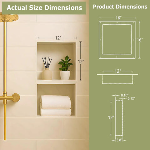 Square Shower Niche Recessed Wall Box 16 By 16 Inches With Single Shelf Tile Ready For Bathroom Storage Inside 12 By 12 Inches Perfect For Shower Organization shown installed with towels and plants