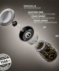 Exploded view of Stainless Steel Salt And Pepper Grinder Set Two Pack With Glass Jars, showing lid, adjustable ceramic burr, and jar.
