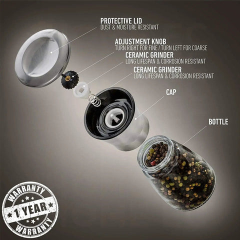 Exploded view of Stainless Steel Salt And Pepper Grinder Set Two Pack With Glass Jars, showing lid, adjustable ceramic burr, and jar.