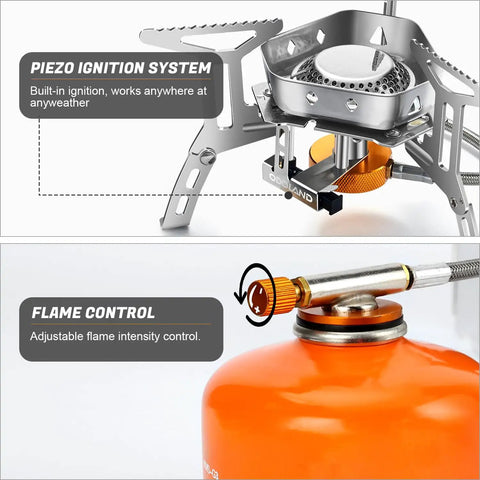 Windproof 3500W Camp Stove Portable Gas Stove With Piezo Ignition featuring flame control and canister attachment