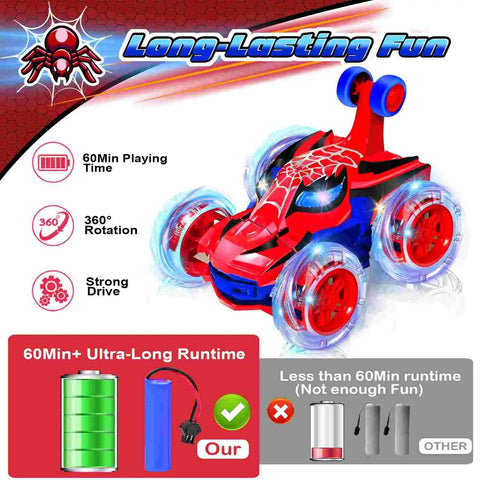 Rad Spider RC Car For Boys Aged 4 To 7, 360 Flip Monster Crawler with 4WD, LED Night Glow, showcasing red design and light-up wheels