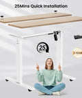 Upgraded 55 Inch Oak Gray Electric Standing Desk With Memory Settings, Large Mouse Pad, Rolling Wheels And Foot Support Perfect For Home Office Workstations Ergonomic Adjustable Height Computer Table installation process with cheerful woman under desk.