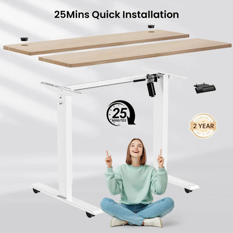 Upgraded 55 Inch Oak Gray Electric Standing Desk With Memory Settings, Large Mouse Pad, Rolling Wheels And Foot Support Perfect For Home Office Workstations Ergonomic Adjustable Height Computer Table installation process with cheerful woman under desk.