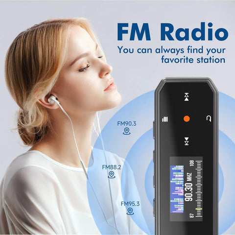 64GB Type C USB MP3 Player With Bluetooth 5.3 featured with FM radio, person listening with earphones