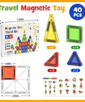 On The Go Magnetic Tiles For Kids 40Pcs STEM Building Blocks with sizes, shapes, and a metal travel box display guide.