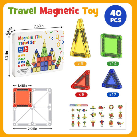 On The Go Magnetic Tiles For Kids 40Pcs STEM Building Blocks with sizes, shapes, and a metal travel box display guide.
