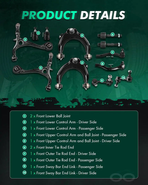 Beefed-Up 12-Piece Front Suspension Kit With Upper And Lower Control Arms, Ball Joints, Tie Rods, And Sway Bars For Acura TSX 2004-2008 And Honda Accord 2003-2007 2.4L, front suspension parts laid out