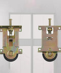 Heavy Duty 2 Pack Sliding Door Rollers Built Like A Tank Spring Loaded Pulleys No Skip Glide For Closet Shower And Patio Track Replacement 4.7X2.4 Inch close-up view of metal rollers with spring assembly