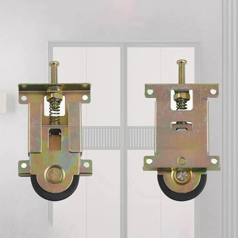 Heavy Duty 2 Pack Sliding Door Rollers Built Like A Tank Spring Loaded Pulleys No Skip Glide For Closet Shower And Patio Track Replacement 4.7X2.4 Inch close-up view of metal rollers with spring assembly