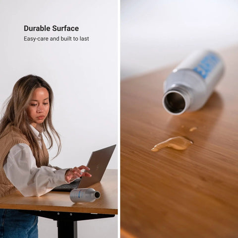 Smooth Electric Adjustable Standing Desk For Home Office Crafted With Heavy Duty Steel Frame featuring a durable surface with a spilled drink.
