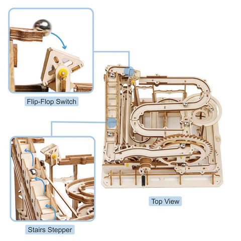 Totally 3D Wooden Marble Run Puzzle Kit With Gear Powered Roller Coaster Track For Adults No Glue Needed Hands On DIY Mechanical Model Gift Idea With Waterwheel Lifter And Multi Level Tracks, top view