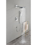 Wall Mounted Waterfall Rain Shower System with 3 Body Sprays & Handheld, chrome finish, water cascading from overhead shower.