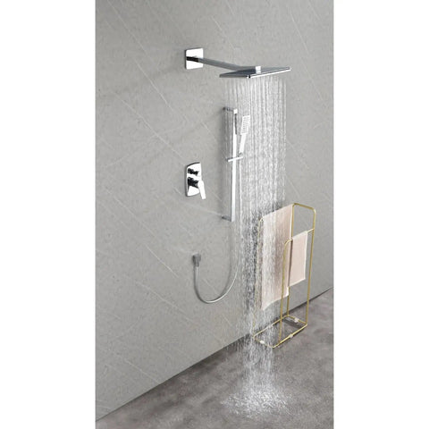 Wall Mounted Waterfall Rain Shower System with 3 Body Sprays & Handheld, chrome finish, water cascading from overhead shower.