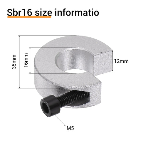 Detail view of a Four Pack SBR16 16mm Linear Rail Stop Collar in anodized aluminum with measurements and screw visible.