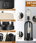 Close-up of two light bedside table lamps with rotary switch, USB charging ports, fabric shades, and industrial design details.