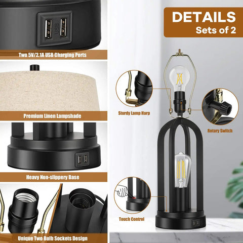 Close-up of two light bedside table lamps with rotary switch, USB charging ports, fabric shades, and industrial design details.