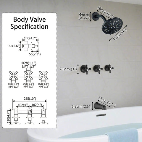 Three-Handle Tub And Shower Faucet Set In Dope Matte Black with 6-inch shower head, tub spout, and knobs on bathroom wall.