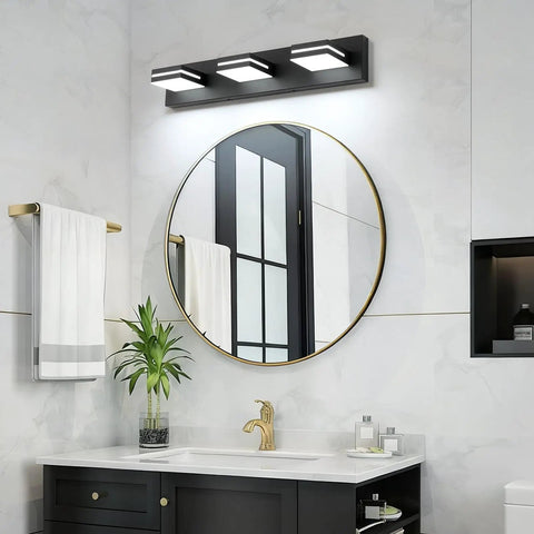 Three Light 24 Inch Matte Black LED Vanity Light With Frosted Acrylic Shades, Cool White 6000K For Bathroom Mirror, Moisture Proof Wall Fixture, Non Dimmable Modern Style