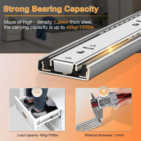 Full Extension Drawer Slides Side Mount 20 Inch Heavy Duty Ball Bearing Rails For Dresser Cabinet Kitchen 100 Lb Capacity 2 Piece Pair White Smooth Glide Action Easy Install Hardware Included, close-up of steel rail