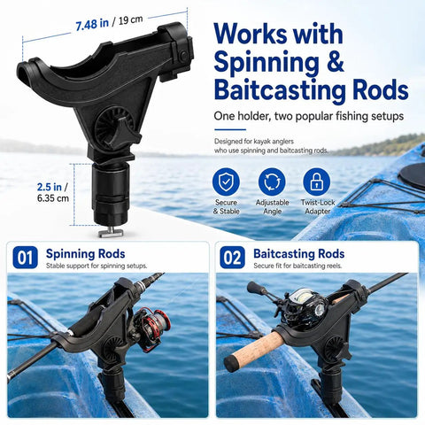 Kayak Track Rod Holder With Twist To Lock Adapter, 360 Degree Adjustable Track Adapter For Spinning And Baitcasting Reels, Rock Solid One Piece Design, Quick Setup Kayak Fishing Accessory Pack Of 1 on kayak track